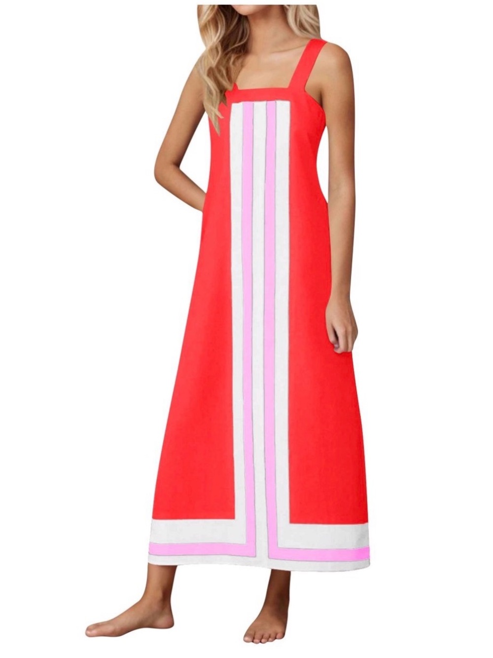 A586 Square Neck Sleeveless Beach RED LARGE Maxi Sundress NWT